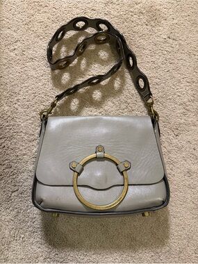 Rebecca Minkoff gray leather O-ring shoulder bag antique brass hardware Rivets